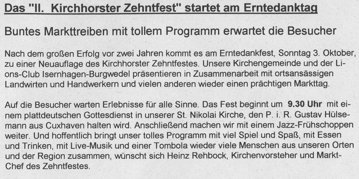 Das “II. Kirchhorster Zehntfest” startet am Erntedanktag