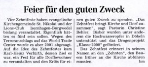 Presseartikel: "Feier für einen guten Zweck" [Hannoversche Allgemeine Zeitung (HAZ), 14.10.2003, (hm)]